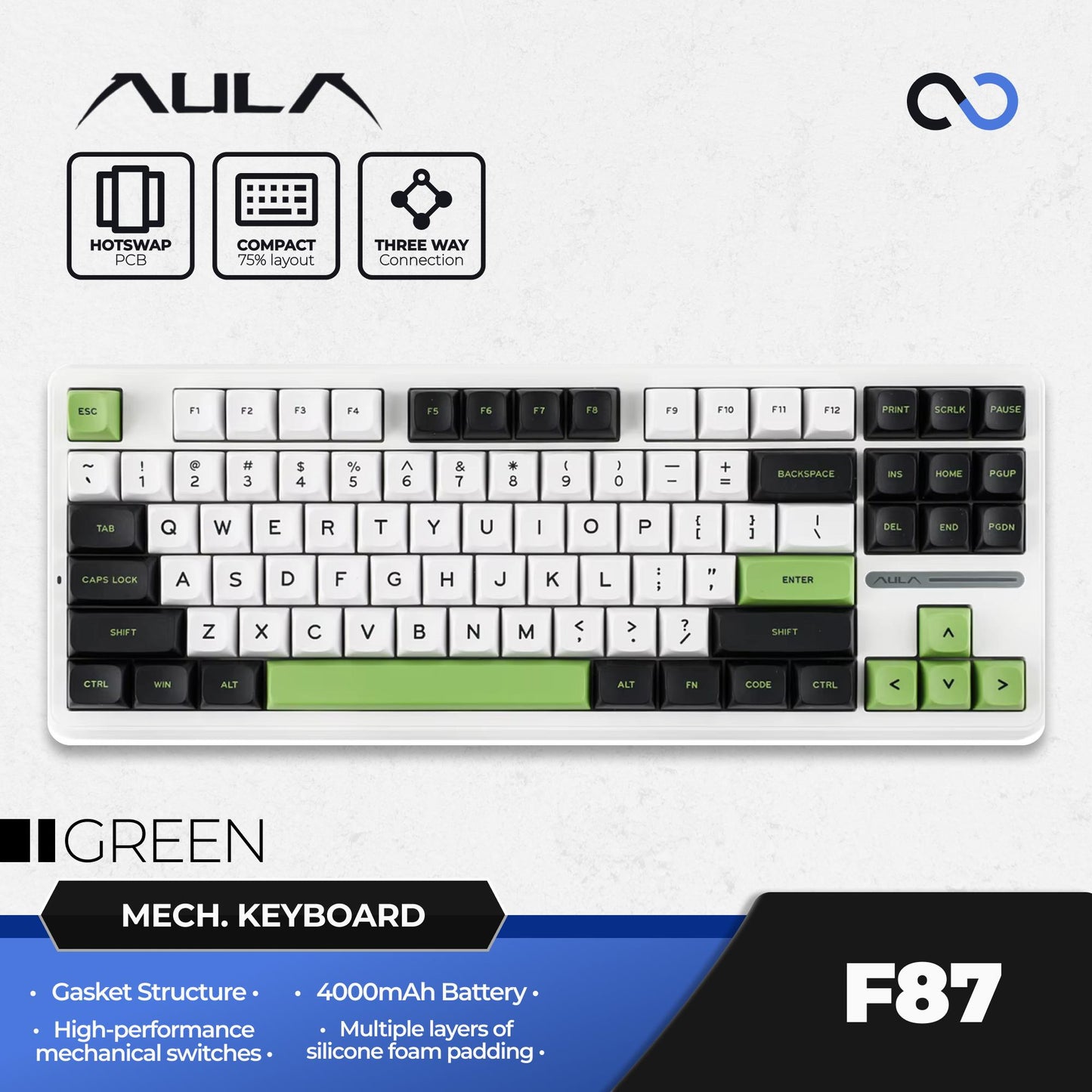 AULA F87 PBT Wireless Gasket Hotswap TKL Mechanical Gaming Keyboard