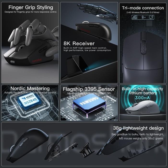 Darmoshark M5 Pro MP Fish Head 8K Wireless Ultra Light Finger Tip Gaming Mouse