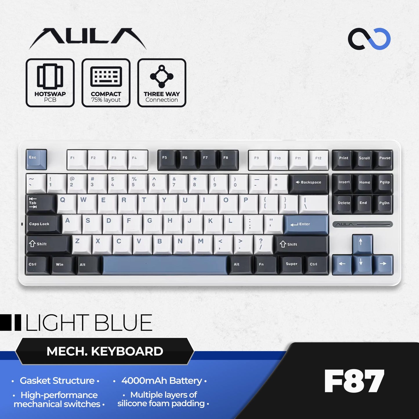 AULA F87 PBT Wireless Gasket Hotswap TKL Mechanical Gaming Keyboard