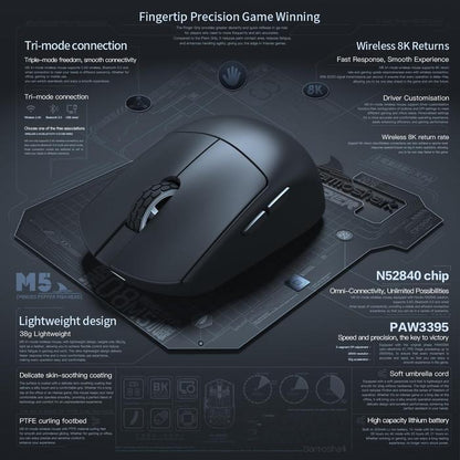 Darmoshark M5 MP Fish Head 4K 8K Wireless Ultra Light Finger Tip Gaming Mouse
